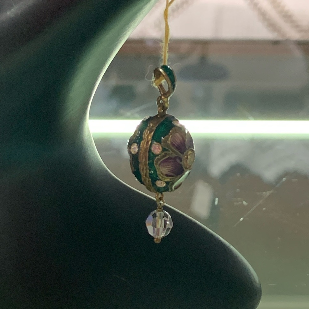 Vintage Green and Purple Enamel & Crystal Cloisonné Style Egg Shaped Pendant